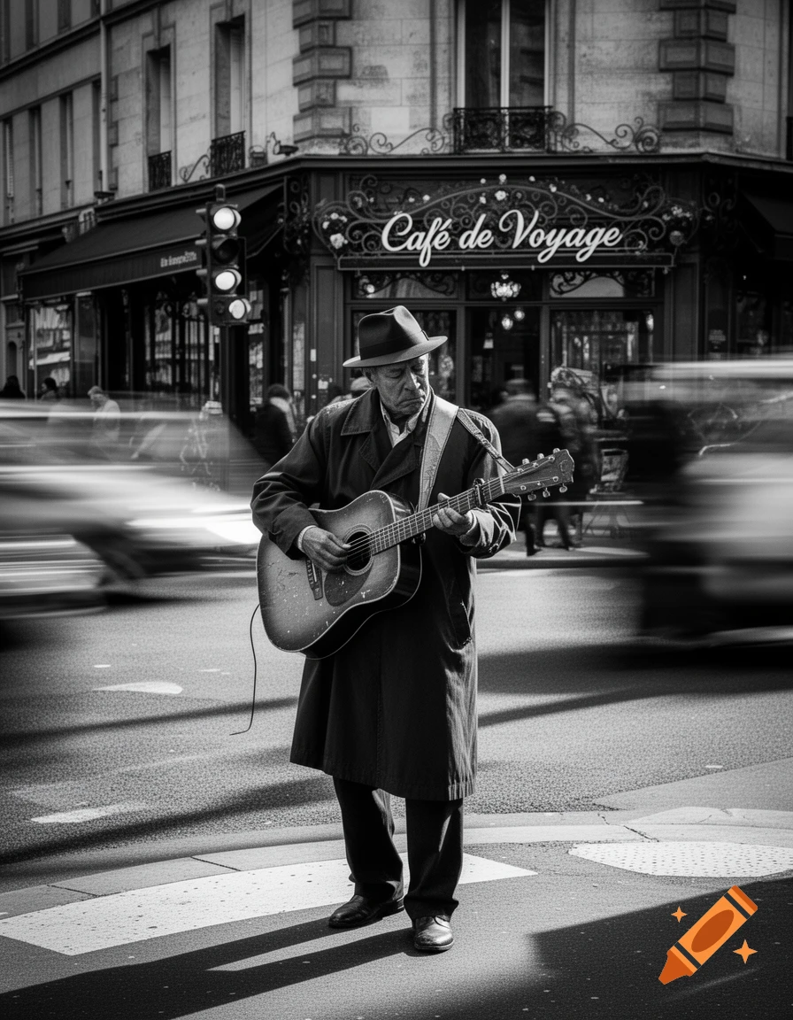 A black and white photo of an older man playing an acoustic guitar on a city street corner in front of a cafe with motion-blurred traffic.