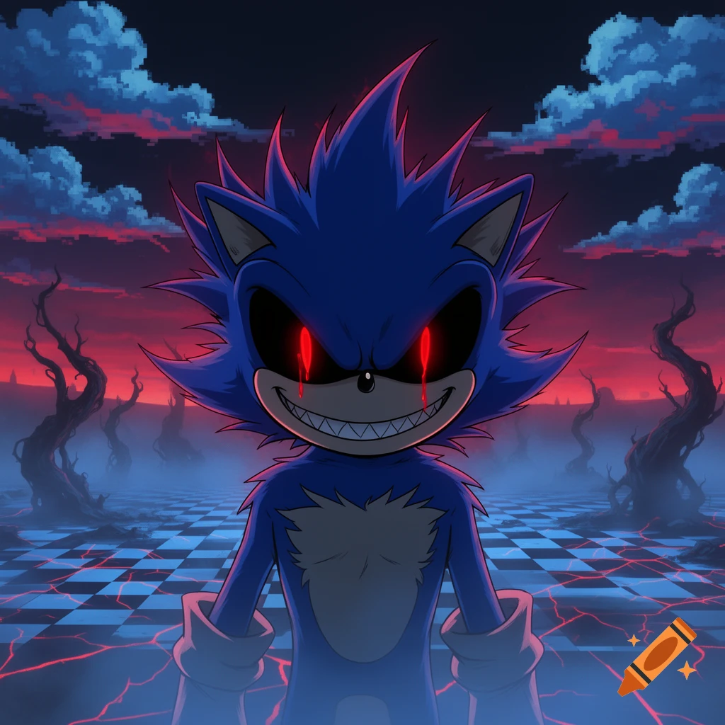 A stylized, creepy Sonic.exe with red bleeding eyes and sharp teeth stands on a cracked checkerboard ground under a dark, pixelated sky.