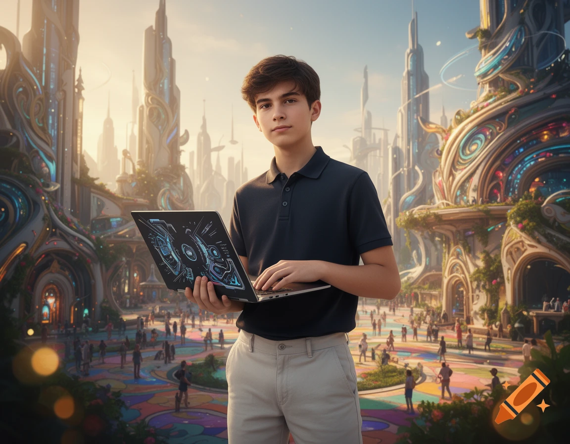 A young man holds a laptop, standing in a vibrant, futuristic city with ornate buildings and a colorful ground, in a photorealistic style.