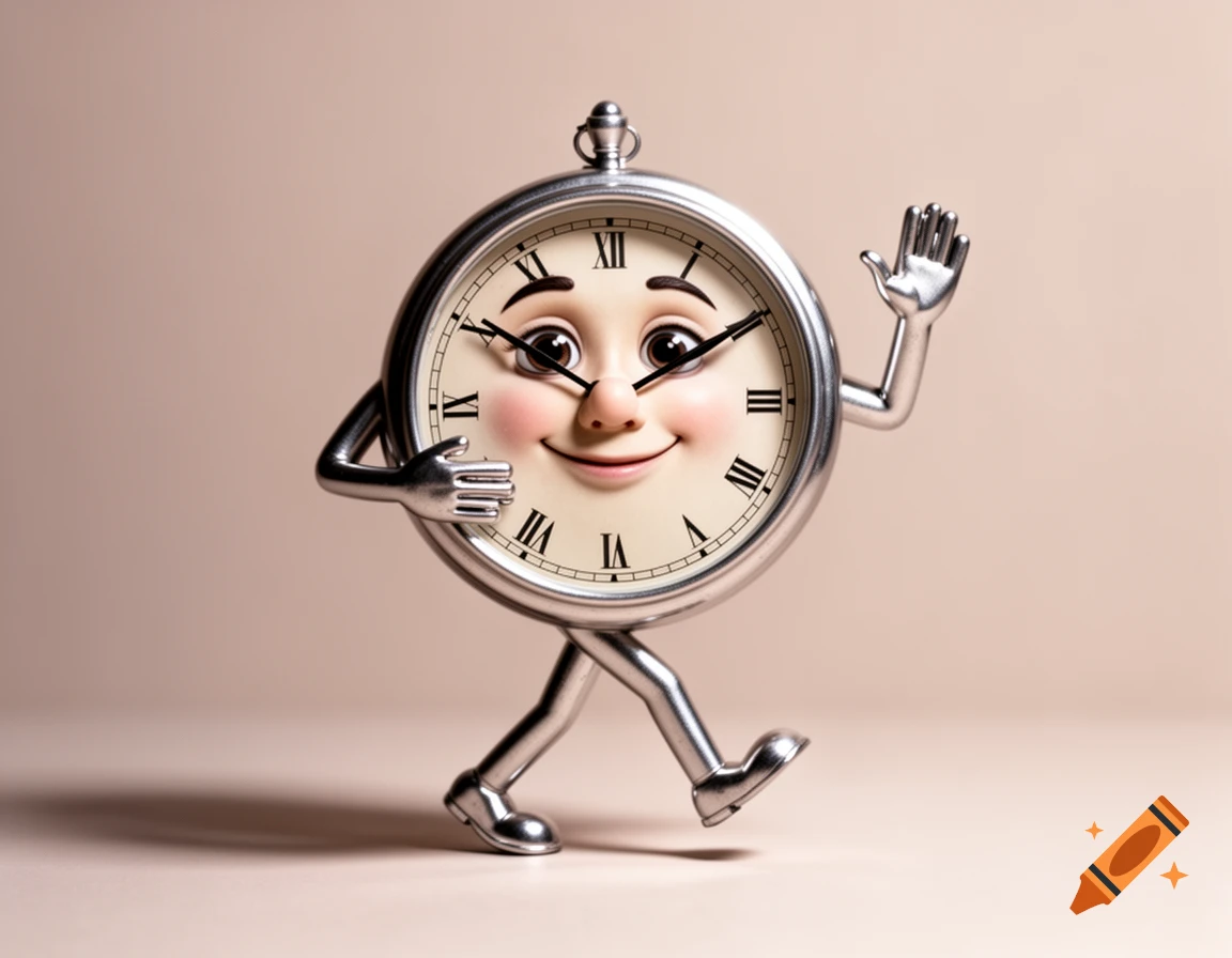 A cartoonish pocket watch with a smiling face, rosy cheeks, and metallic arms and legs walks and waves on a light background.