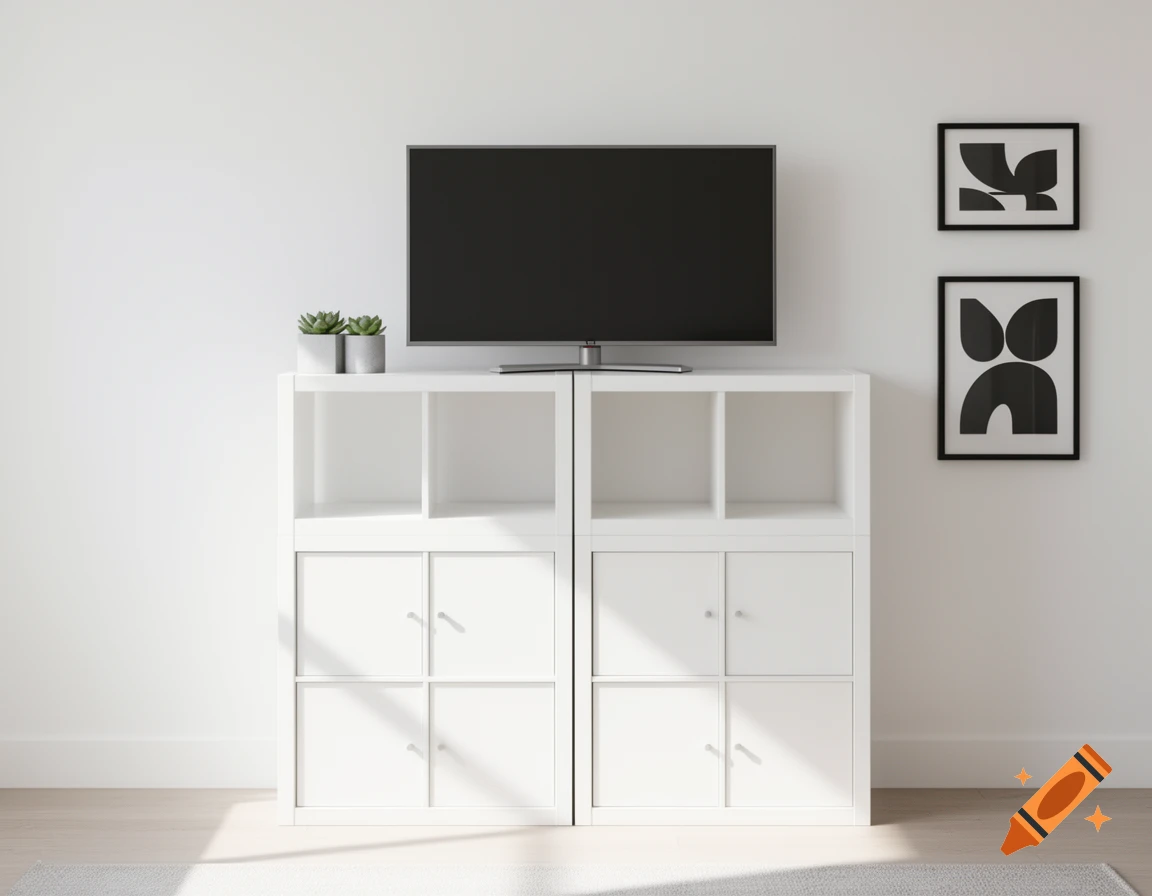 Photorealistic view of a modern living room with two stacked white IKEA Kallax units, a black TV, and minimalist decor.