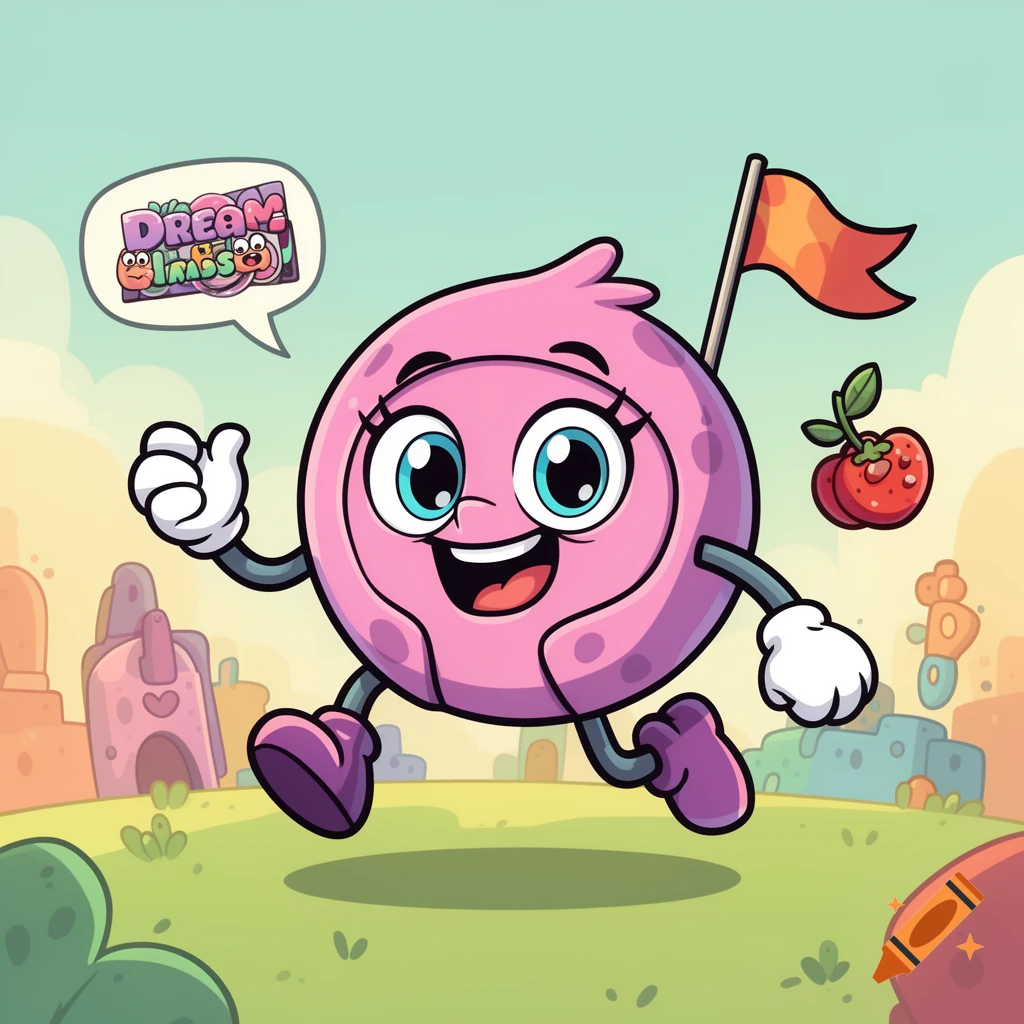 A cheerful pink cartoon character with large blue eyes runs with a flag in a cartoon landscape. A speech bubble says 'DREAM LIMBS'.