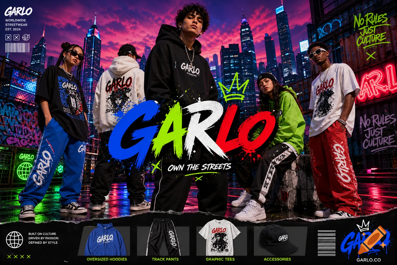 Five models in "GARLO" streetwear pose against a neon cityscape, with product displays for hoodies, pants, tees, and accessories.
