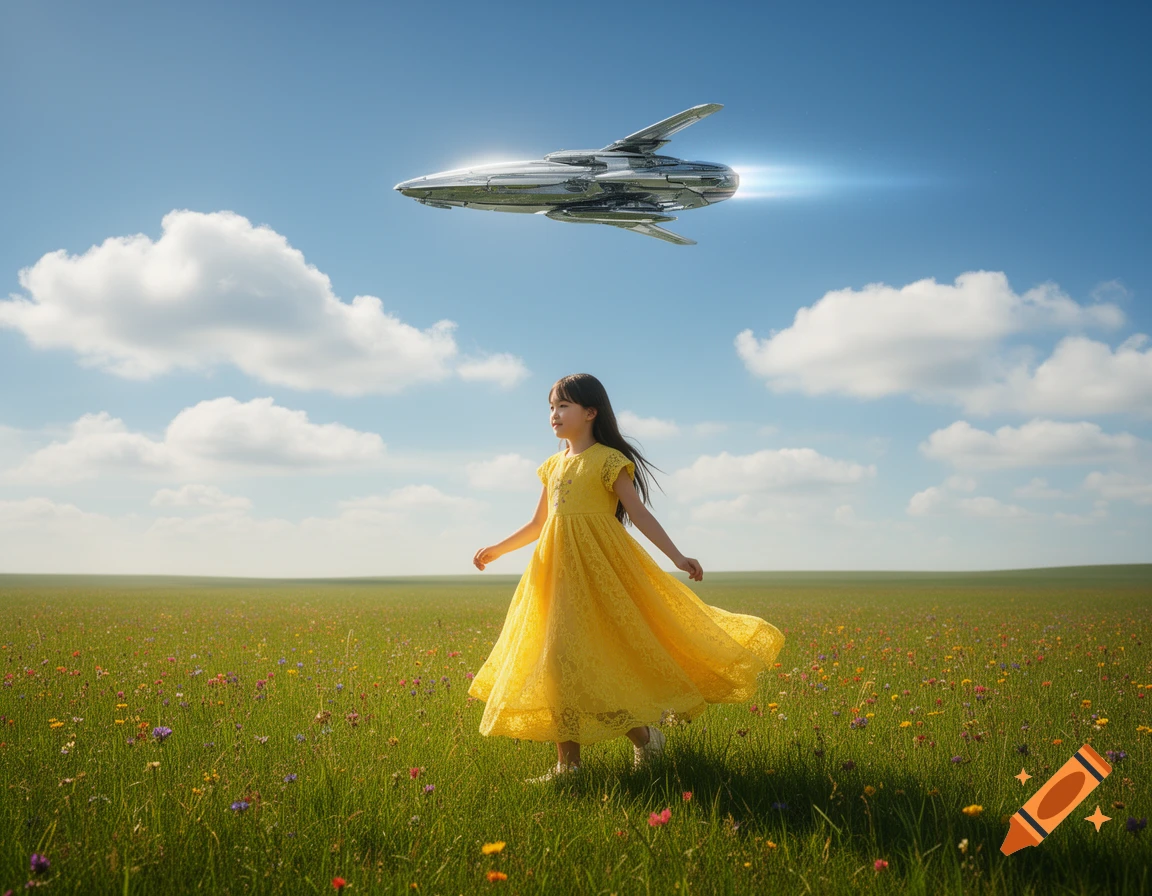A young girl in a yellow dress walks through a field of wildflowers under a blue sky as a futuristic spaceship flies overhead. Photorealistic style.
