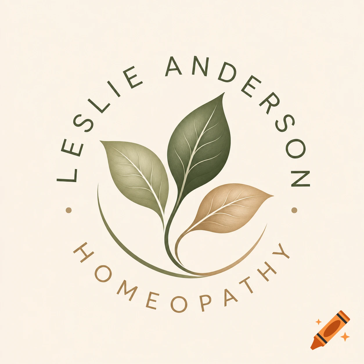 A logo with text 'LESLIE ANDERSON HOMEOPATHY' in a circle around three stylized leaves in green and tan earthy tones.