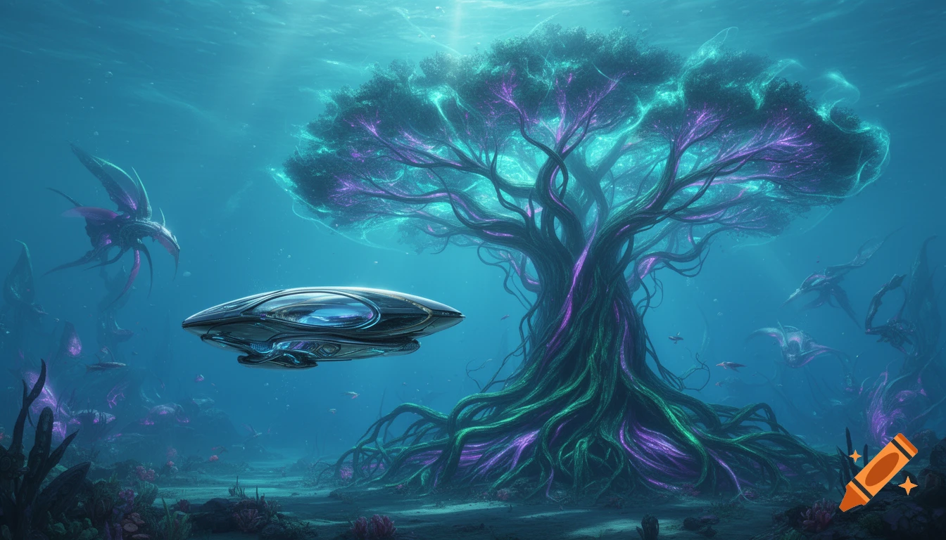 A futuristic lifepod near a massive bioluminescent alien tree in a vibrant underwater world with glowing creatures. Sci-fi art.