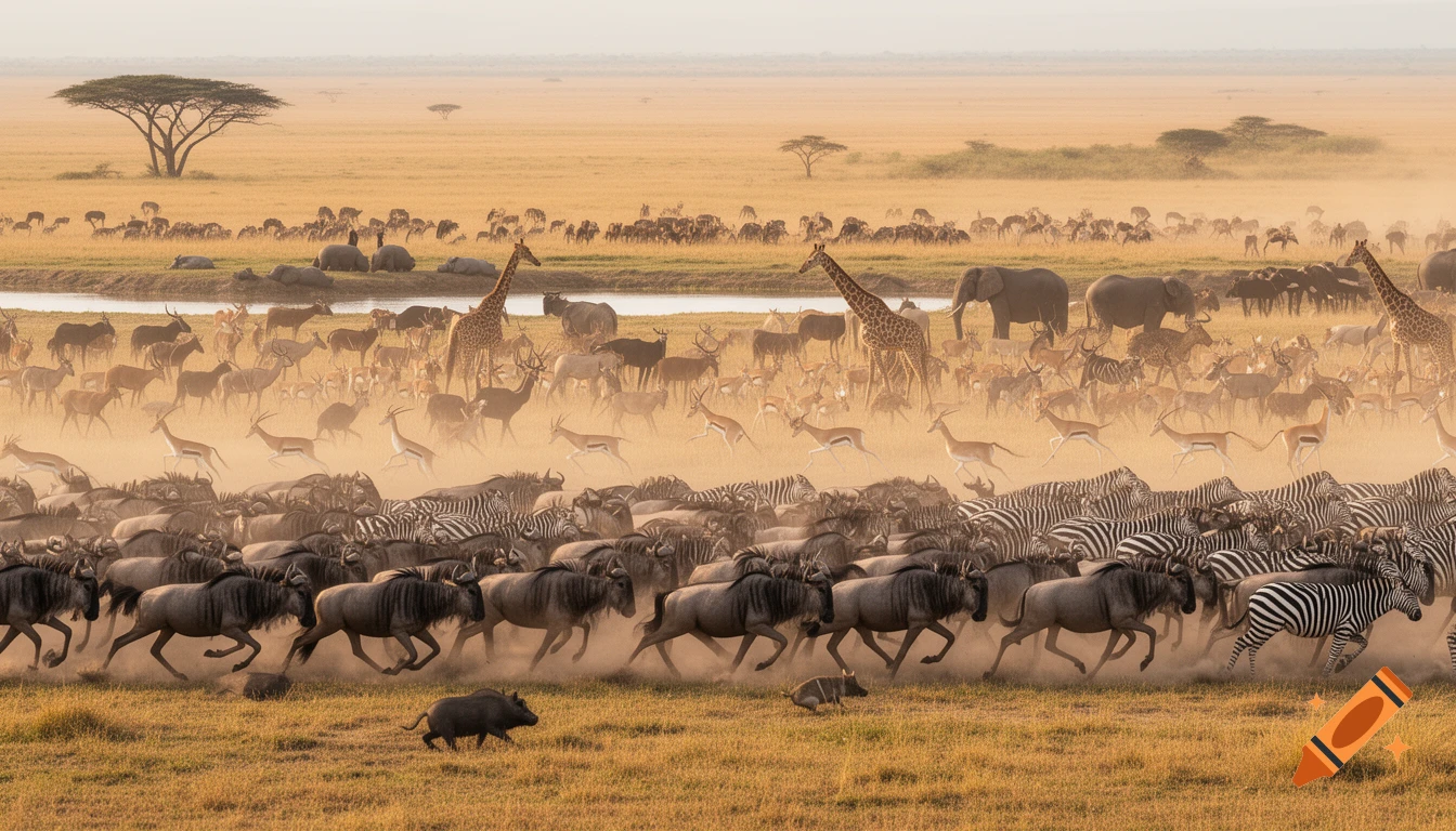 A vast herd of wildebeests, zebras, elephants, giraffes, and other African animals stampede across a dusty savanna.