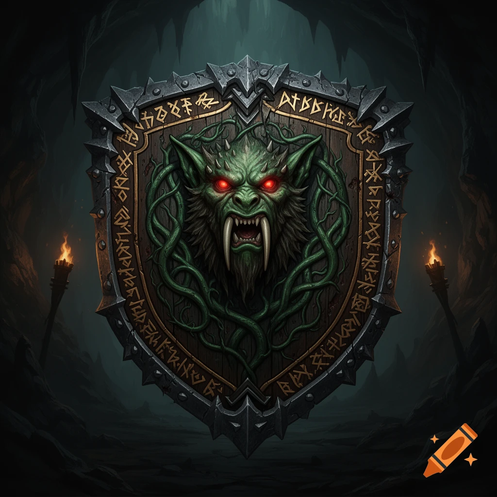 A fantasy crest depicting a snarling green monster head with red eyes, vines, and runes on a shield in a dark cave, lit by torches.