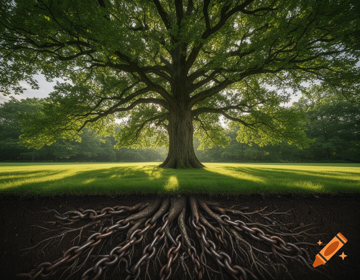 A large, verdant tree stands in a sunny field, its robust roots transforming into thick metal chains underground.
