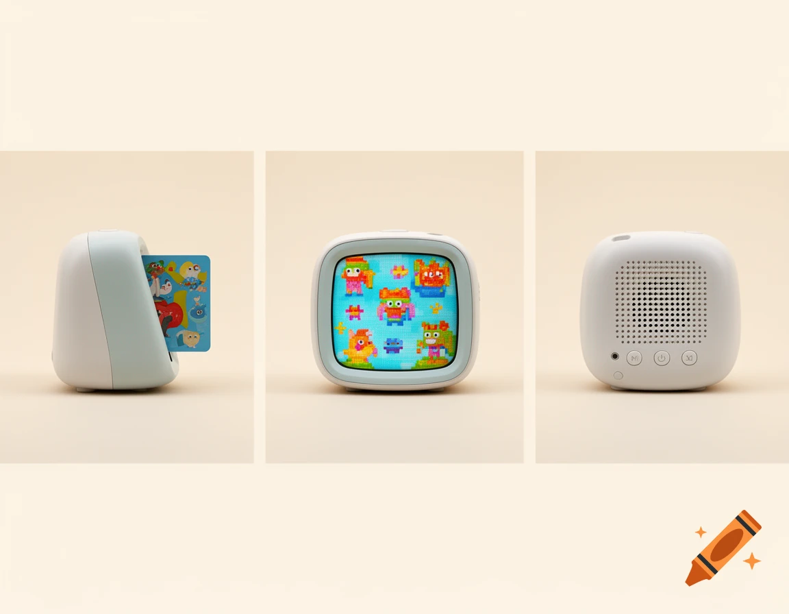 Three studio shots of a white Yoto-like smart speaker: a side view with a colorful card inserted, a front view with a pixel art screen, and a back view with a speaker grille and buttons.