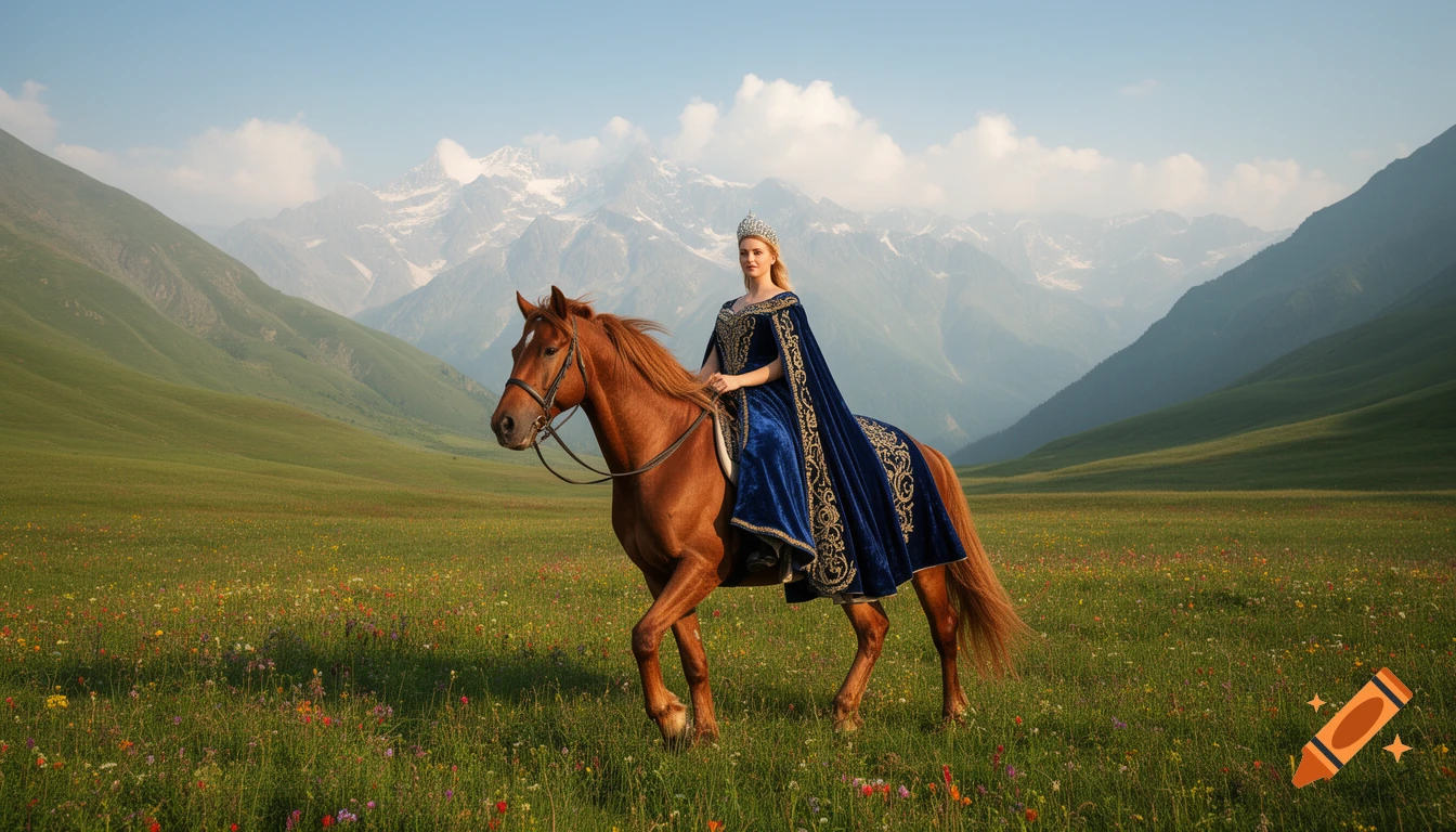 A queen in a blue and gold gown and crown rides a brown horse through a green, wildflower-filled mountain valley.