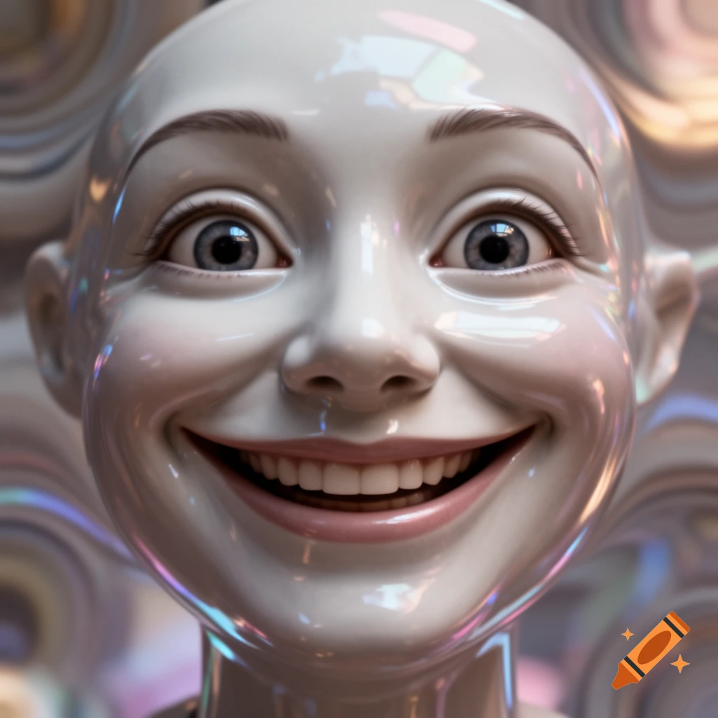 Close-up of a shiny, white, distorted humanoid face with a wide, unsettling smile and large eyes.