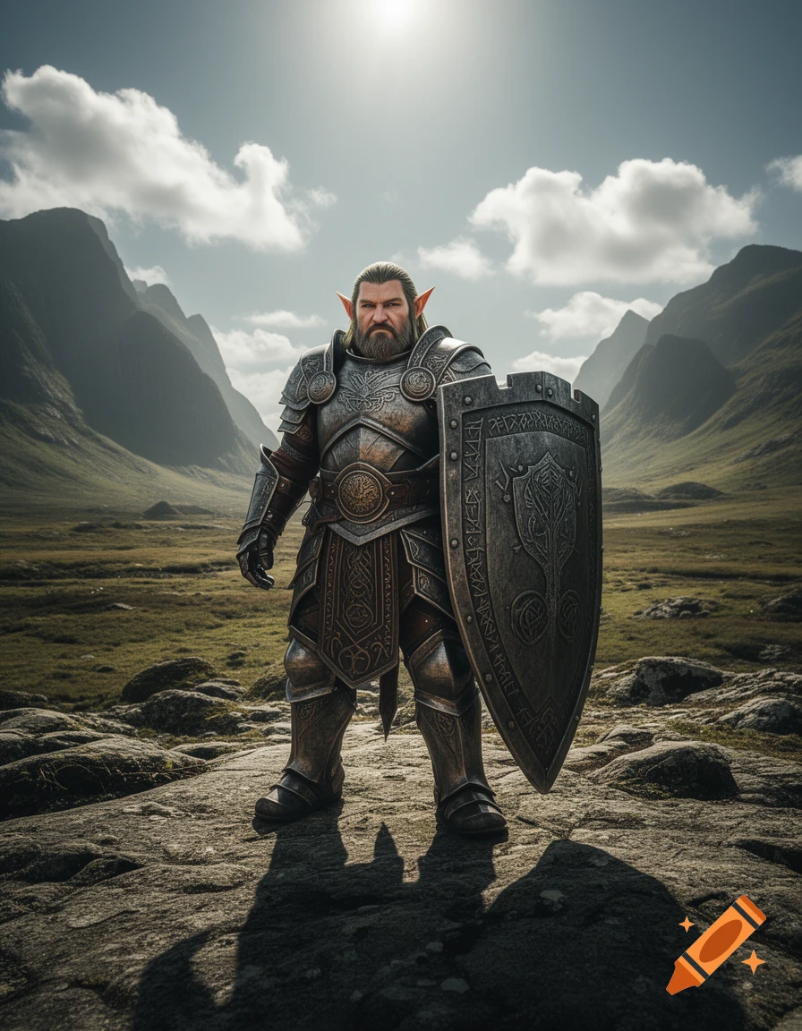 A heavily armored half-elf, half-dwarf warrior with a beard and pointy ears stands with a large shield in a rocky, mountainous valley.