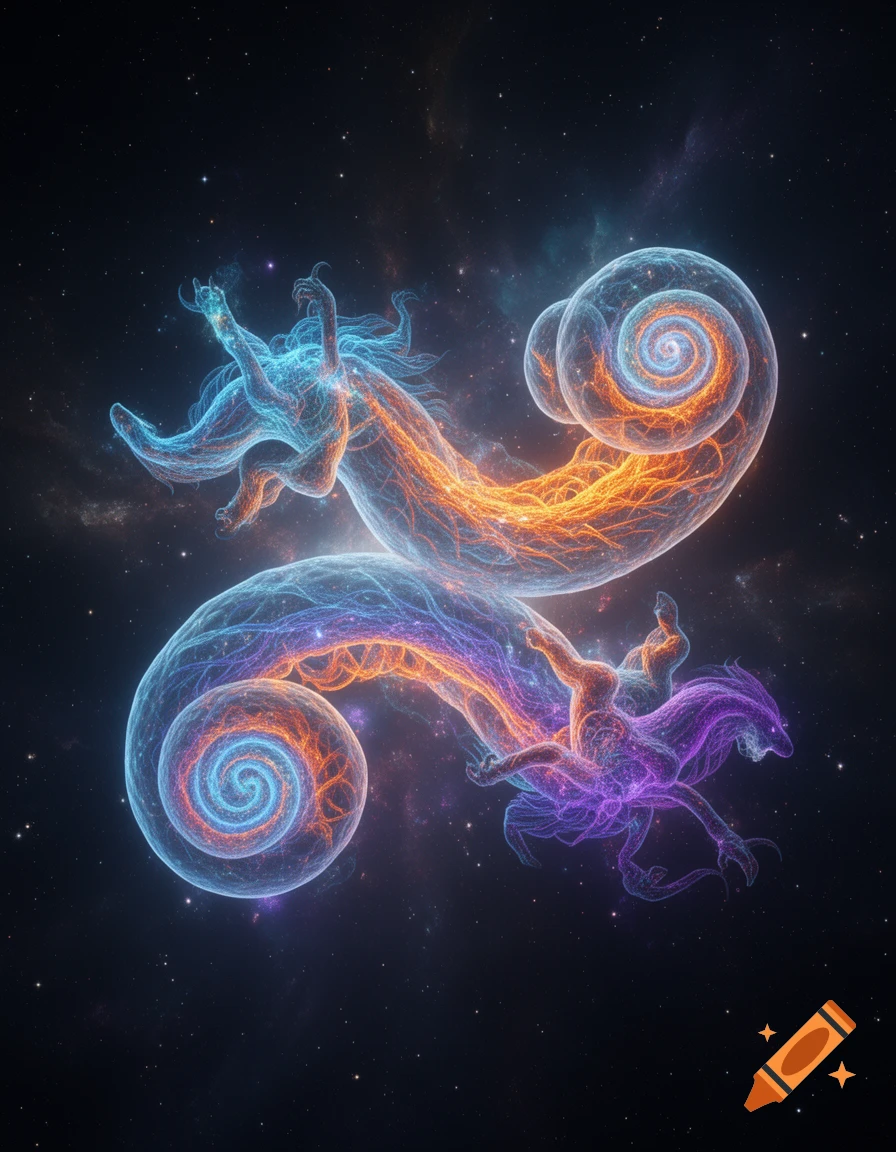 Two large, glowing, intertwined ethereal creatures in blue, orange, and purple, against a dark starry cosmos.