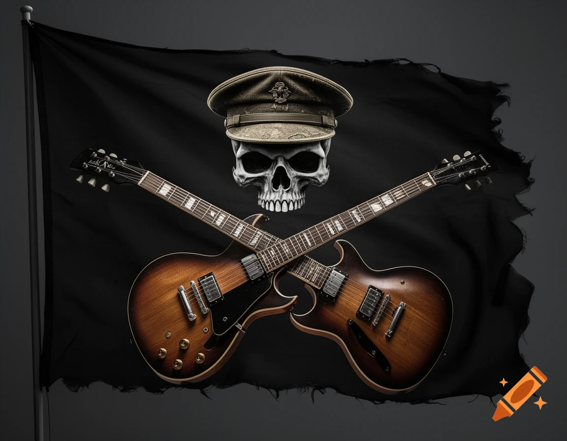 A skull wearing a military cap above two crossed guitars, set against a tattered black flag.