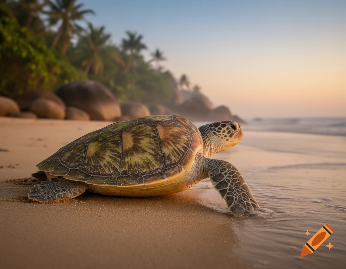 A photorealistic sea turtle walks across a sandy beach towards the ocean at sunrise, with palm trees in the background.