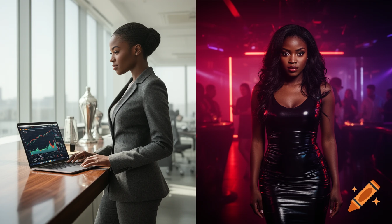 A split-screen photo shows a Black woman: left, in a business suit in an office with a laptop; right, in a black latex dress in a club.
