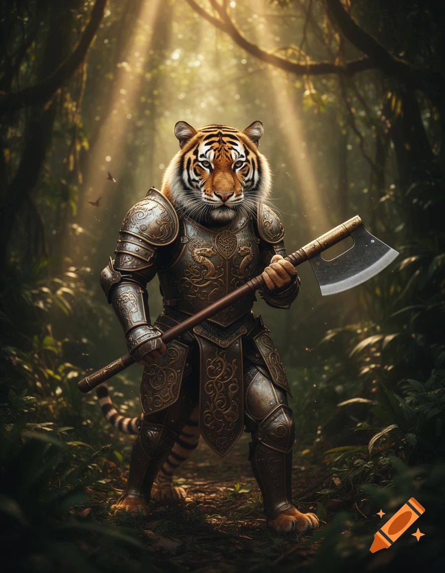 A majestic tiger warrior in ornate, bronze armor holding a large axe, standing in a sun-dappled jungle.
