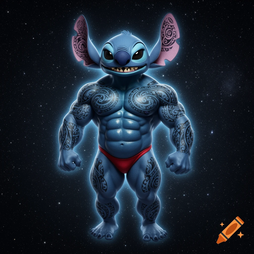 Hyper-realistic, muscular blue Stitch with Polynesian tattoos and a red thong, floating in space with a blue aura and an arrogant smile.