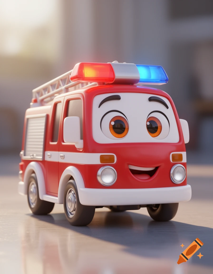 A cute, red cartoon fire truck with big orange eyes, a smiling mouth, and red and blue siren lights, rendered in 3D.