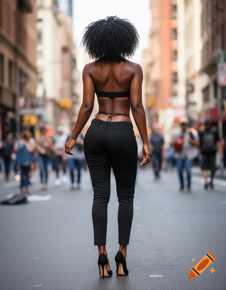 A woman with curly black hair, wearing a black bra top, black pants, and high heels, stands facing away on a city street.