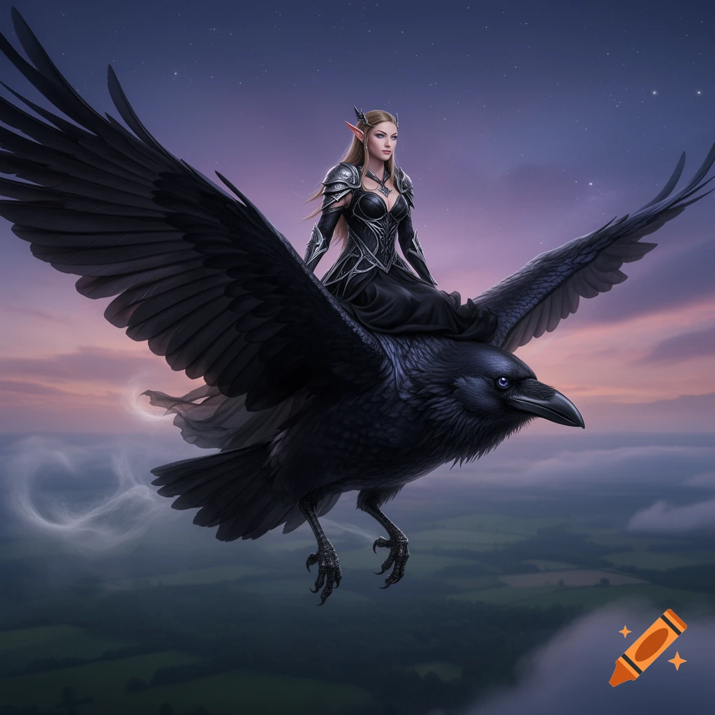 An elven woman in dark armor and dress rides a massive black raven through a starry sky above a cloudy landscape.