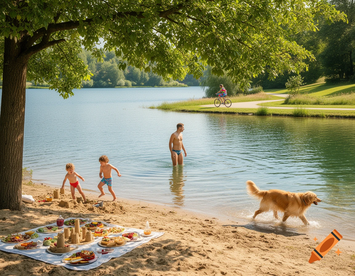 A summer day at a lake with a man and children swimming, a dog wading, and a picnic on the sand under a tree.