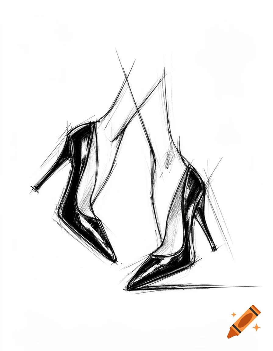 Black and white sketch of high-heeled shoes and legs in a dynamic, dancing pose.
