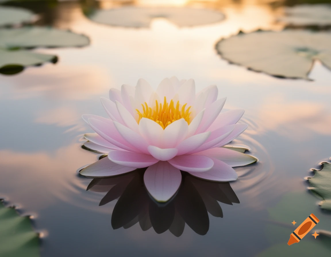 A pink and white lotus flower with a yellow center floats on calm water, reflecting the soft colors of a sunset sky.