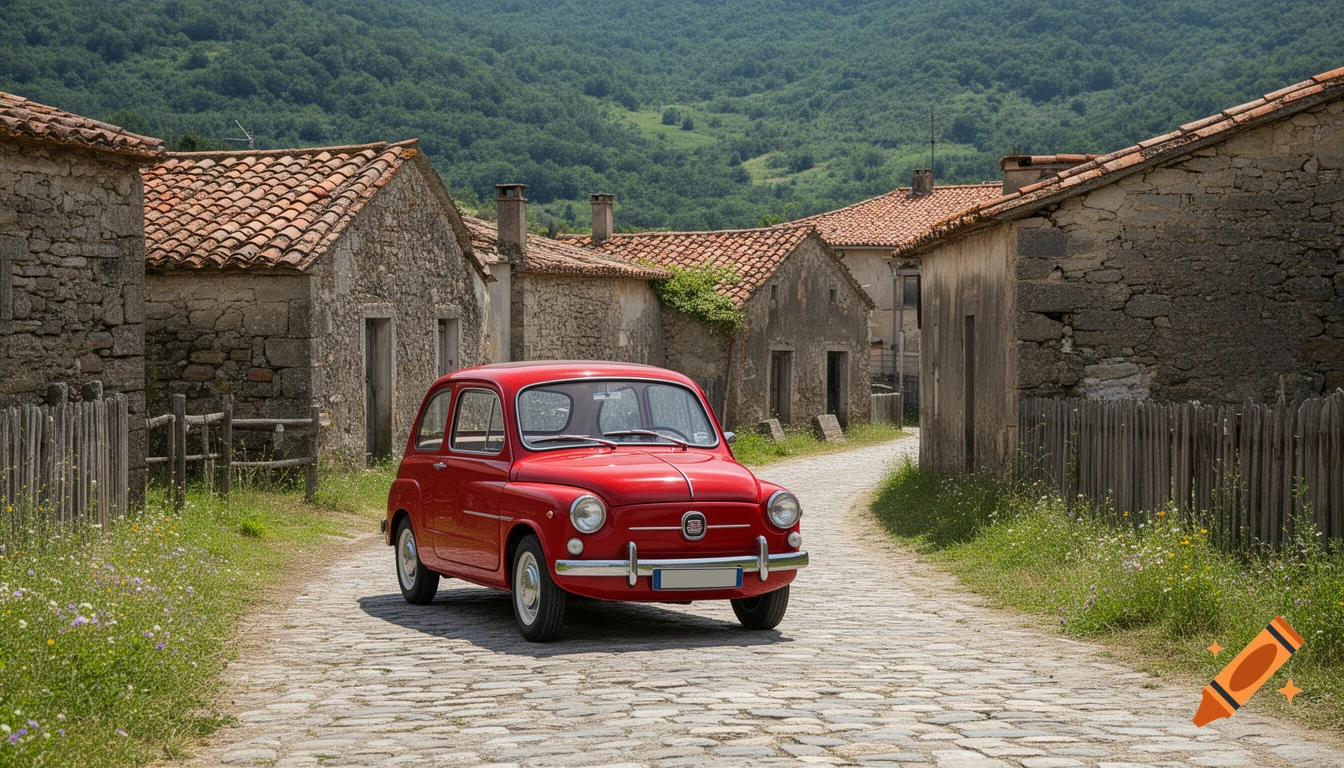 A red vintage car parked on a cobblestone road in an old stone village with green hills in the background, photorealistic.