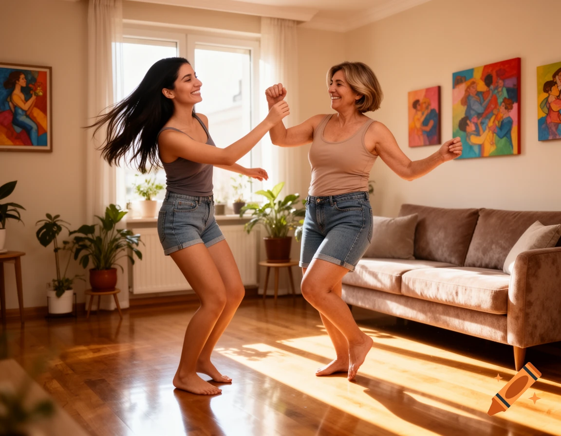 Two happy women in shorts and tank tops dance enthusiastically in a sunny living room.