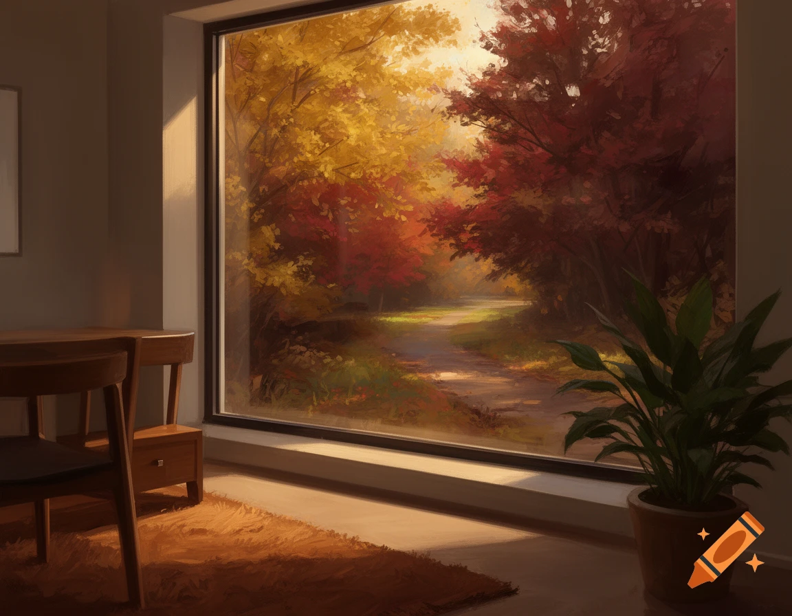 Painterly view from a room's window overlooking a vibrant autumn forest path. Indoors, a wooden table, chair, and a green potted plant.