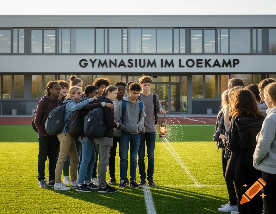 A diverse group of students stands on a green sports field in front of a modern school building, one holding a glowing lantern.