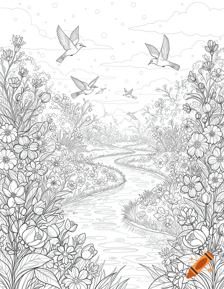 Detailed black and white line art coloring page of a winding stream through a lush field of flowers with birds flying in the sky.