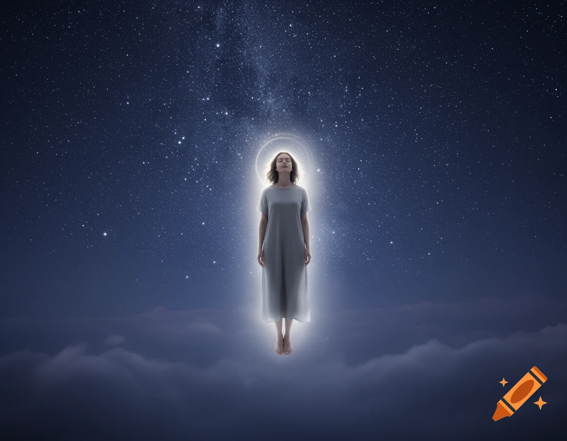 A person floats in a glowing white dress against a dark starry night sky with clouds below.