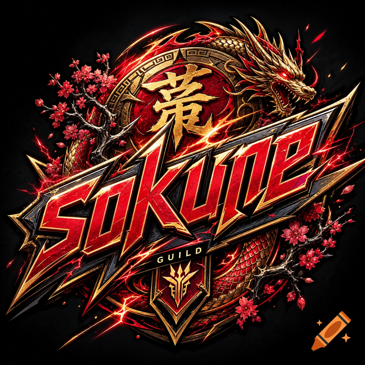Red and gold gaming guild logo for "SOKUNE" with a fierce dragon, cherry blossoms, and Japanese characters in a shonen style.