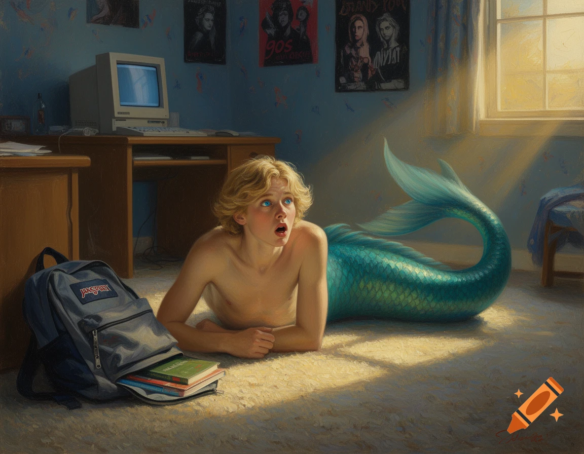 An oil painting of a shocked blonde merman with blue eyes laying on his bedroom floor next to a backpack and a computer, sunlight streaming through a window.