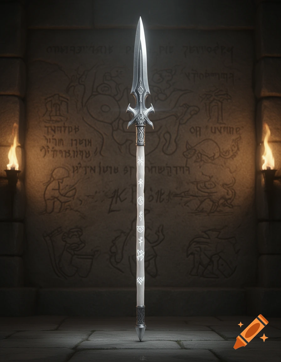 An ornate fantasy spear with a glowing runic shaft stands in a dimly lit stone dungeon with carved walls and flickering torches.