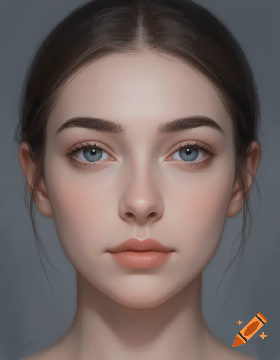 A front-facing digital portrait of a young woman with blue eyes and dark brown hair.