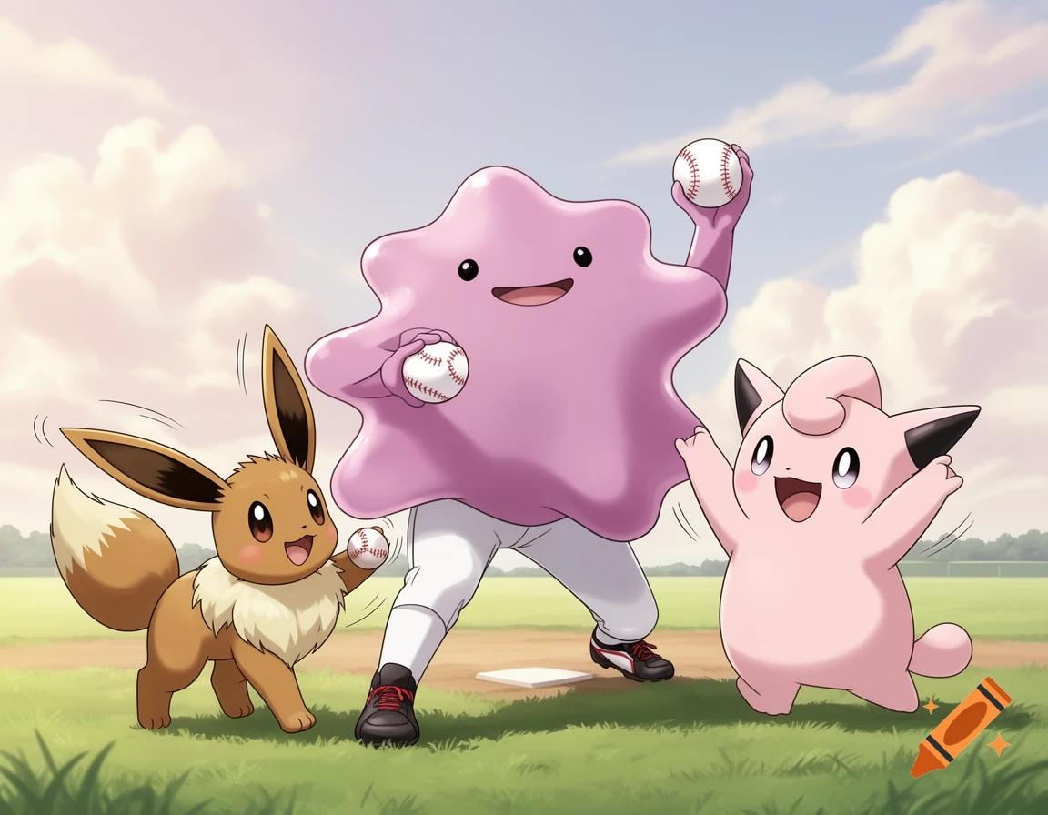 Ditto, Eevee, and Clefairy play baseball on a grassy field under a cloudy sky, with Ditto pitching.