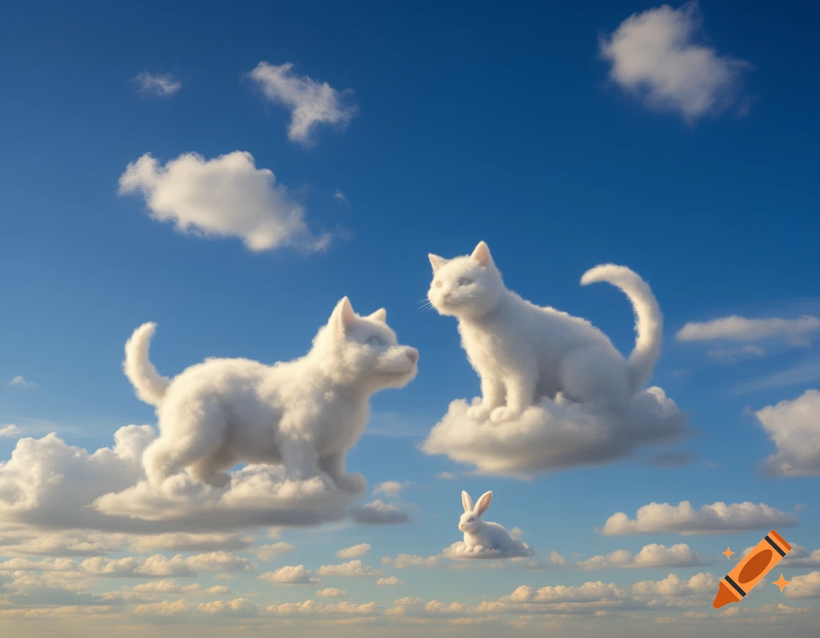 A fluffy white cloud-dog and cloud-cat gaze at each other in a blue sky, with a smaller cloud-rabbit floating below.