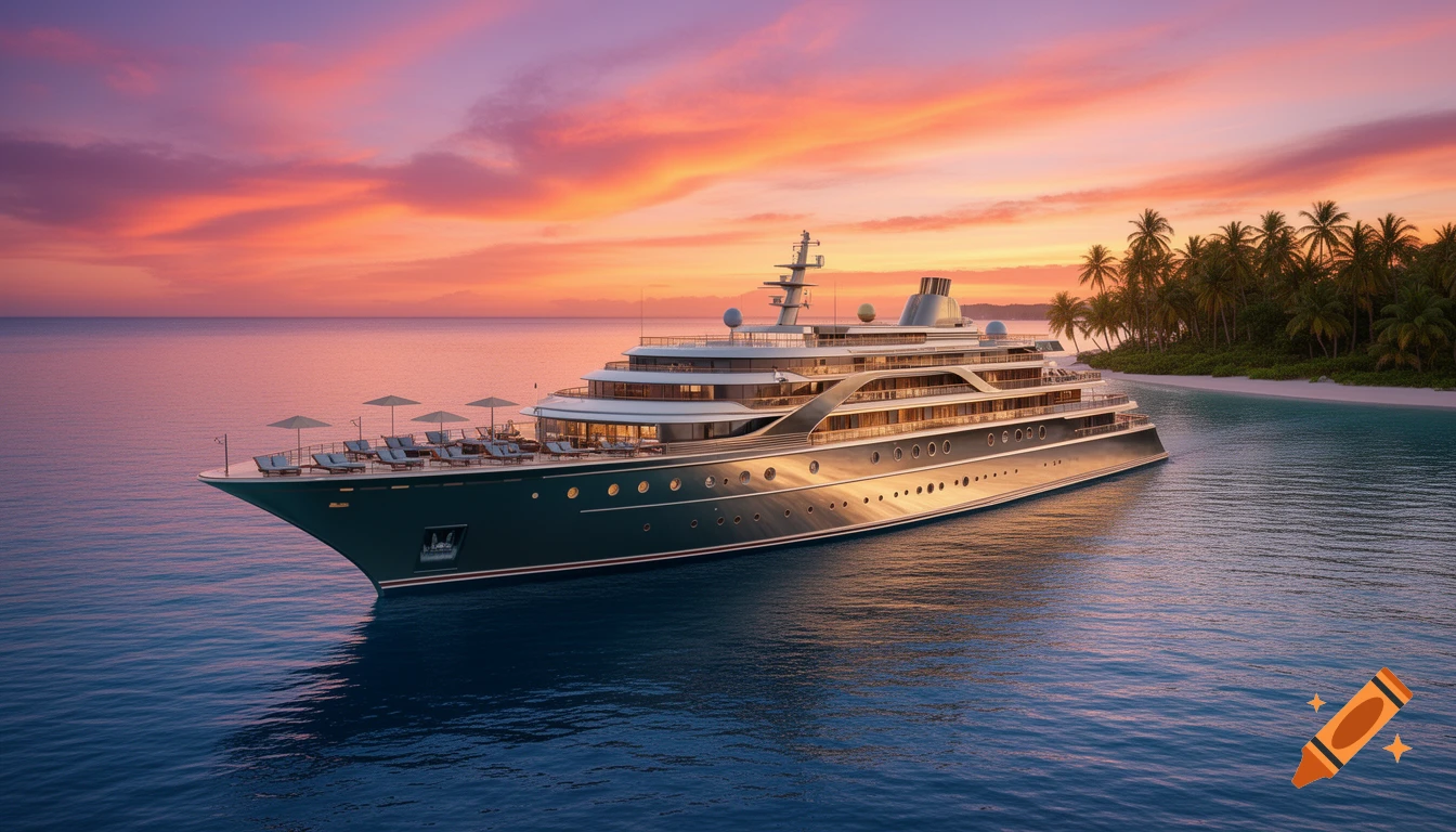 A luxurious cruise ship, reminiscent of the 1970s Love Boat, floats gracefully near a tropical island with palm trees, bathed in the vibrant hues of a bright sunset.