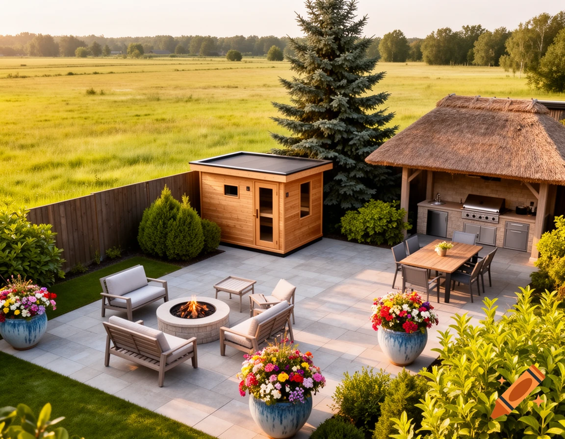 A beautifully landscaped backyard with a wooden sauna, thatched outdoor kitchen, paved patio, fire pit, seating, and colorful flowers.