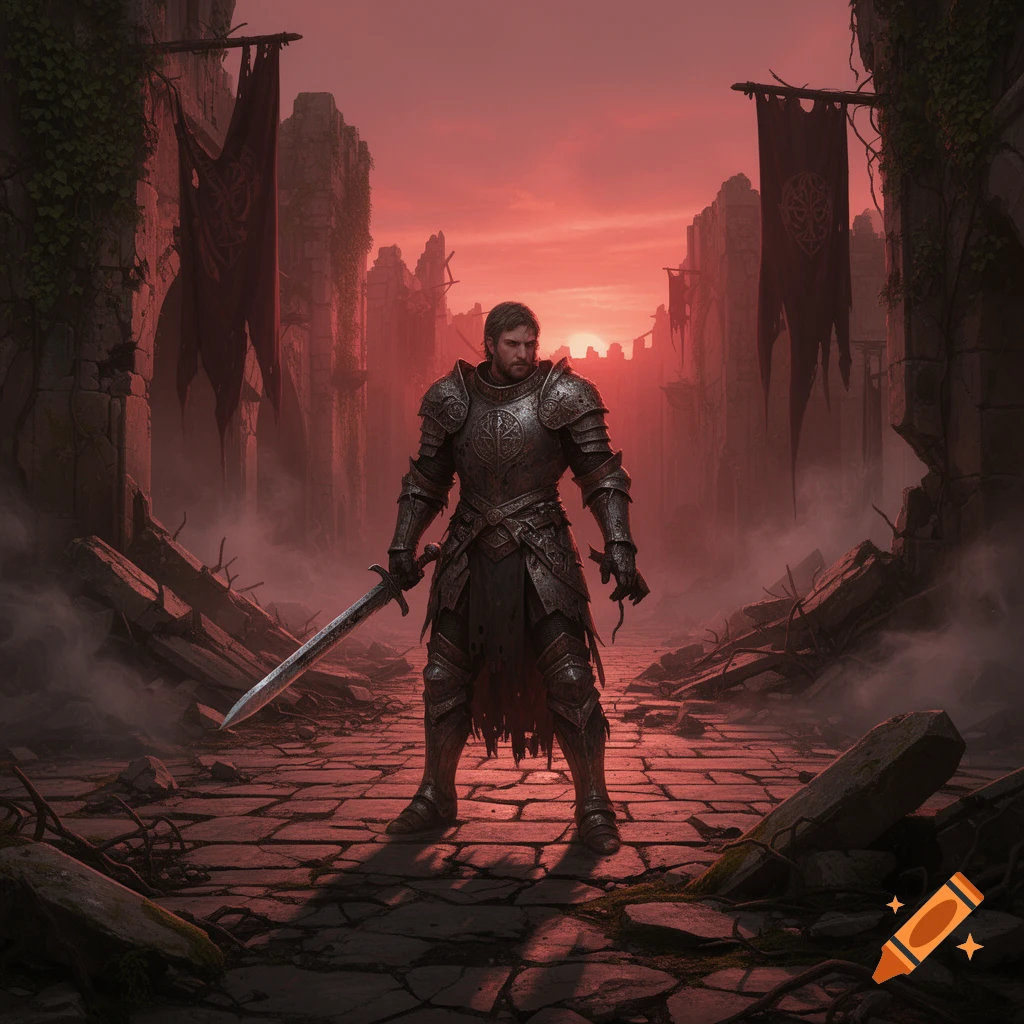 A knight in ornate armor stands holding a sword in a ruined city under a red sky.