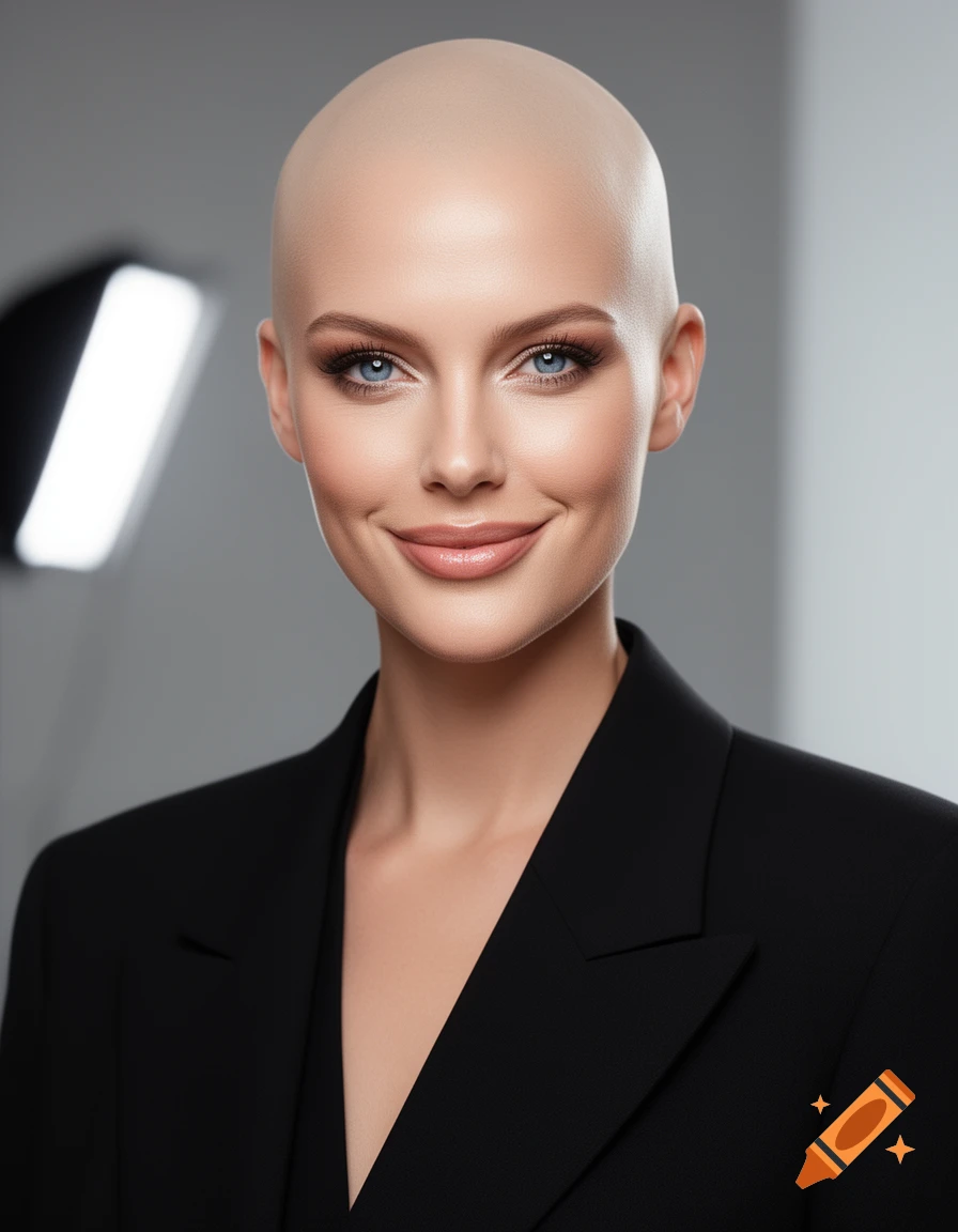 Photorealistic portrait of a smiling bald woman in a black blazer.