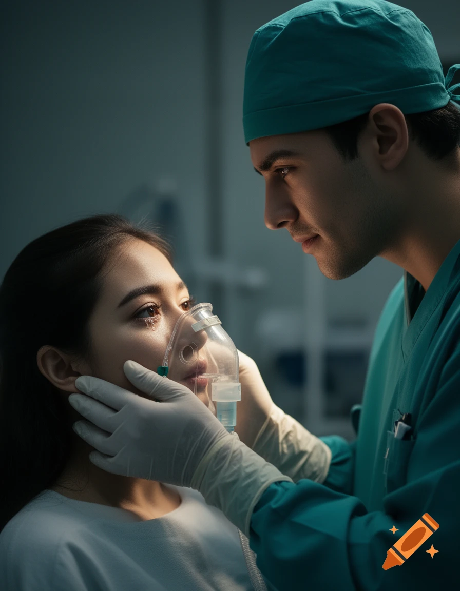 A male doctor in scrubs holds an oxygen mask to a female patient's teary face, looking at her intently in a photorealistic medical drama scene.