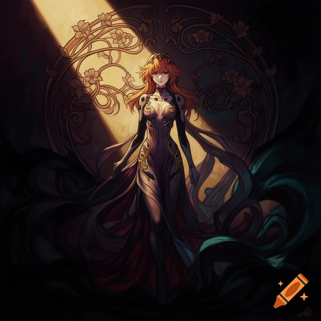 Anime-style woman with orange hair in an intricate dress stands in dramatic light against an ornamental Art Nouveau background, digital painting.