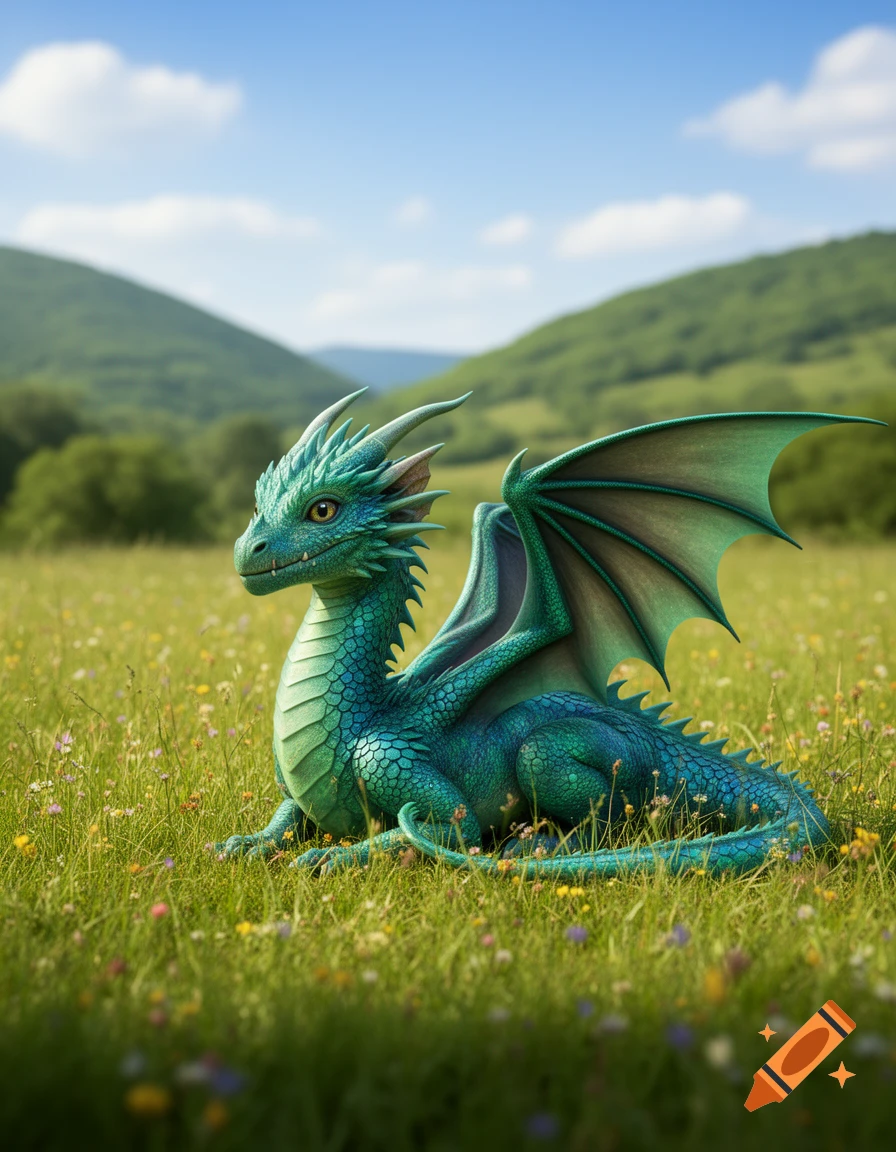 A friendly, stylized green dragon with scales and wings lies in a vibrant green field with wildflowers, under a blue sky with hills.