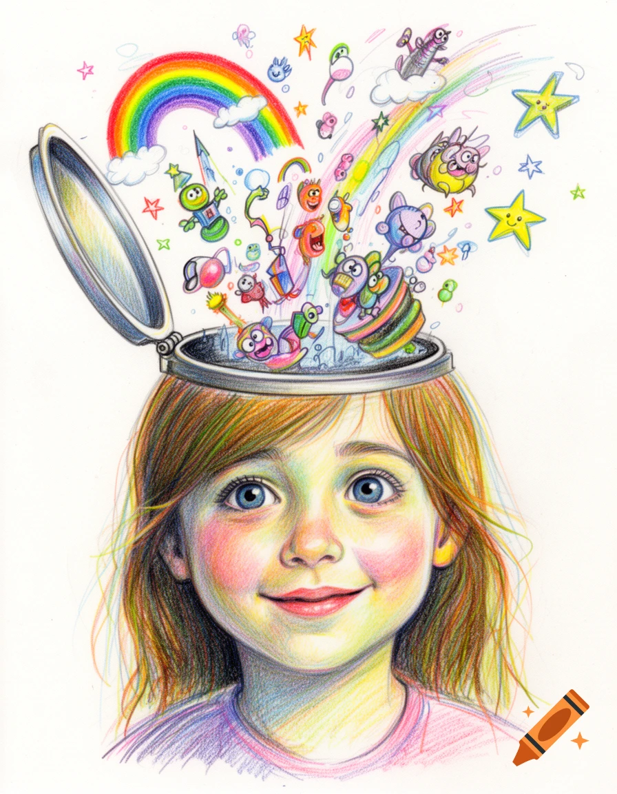 A colored pencil drawing of a smiling young girl with an open head, like a lid, from which colorful, surreal creatures, a rainbow, and stars float out.