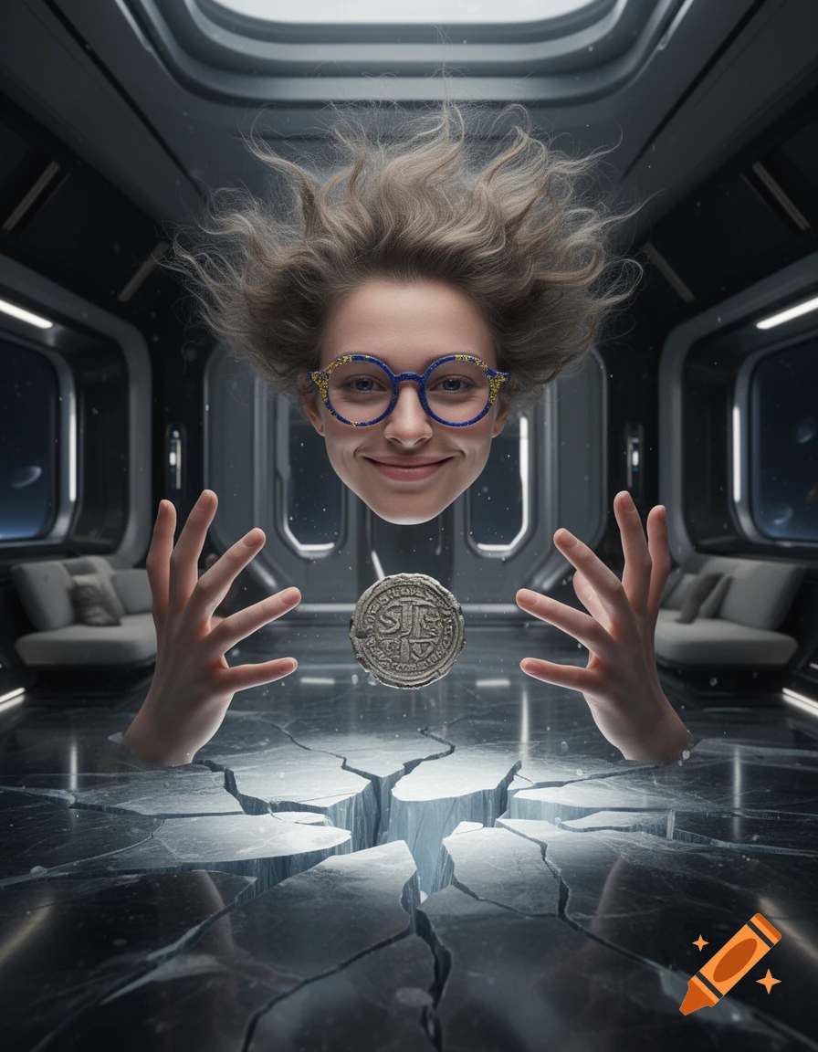 A disembodied head with messy hair and blue-gold glasses floats above hands reaching from a cracked floor towards a magical coin in a futuristic spaceship.